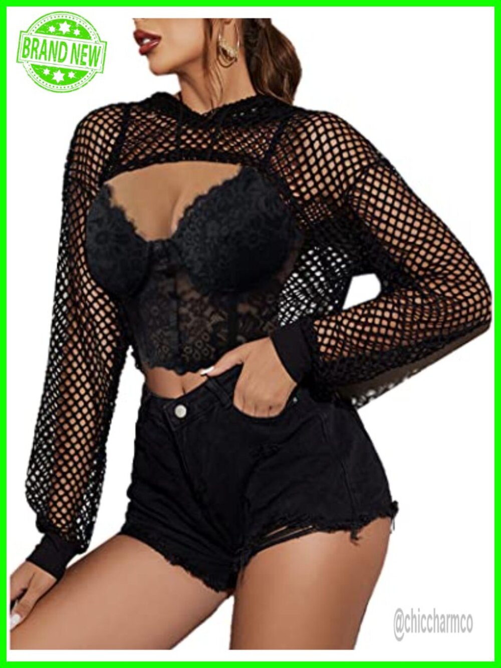 Mesh Crop Top Hoodie Long Sleeve Fishnet Shirt